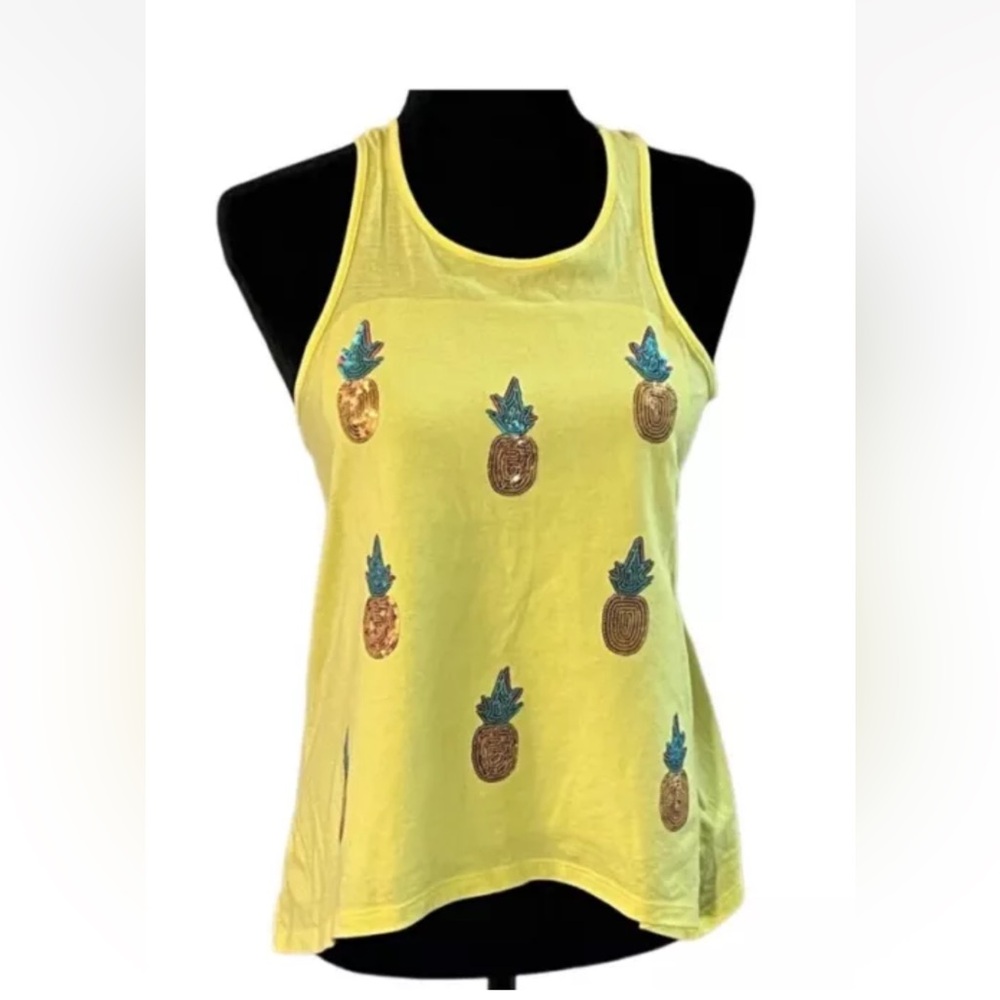 Arizona Yellow Sequin Pineapple Tank Top Fruit Themed Shirt Large - Picture 2 of 7